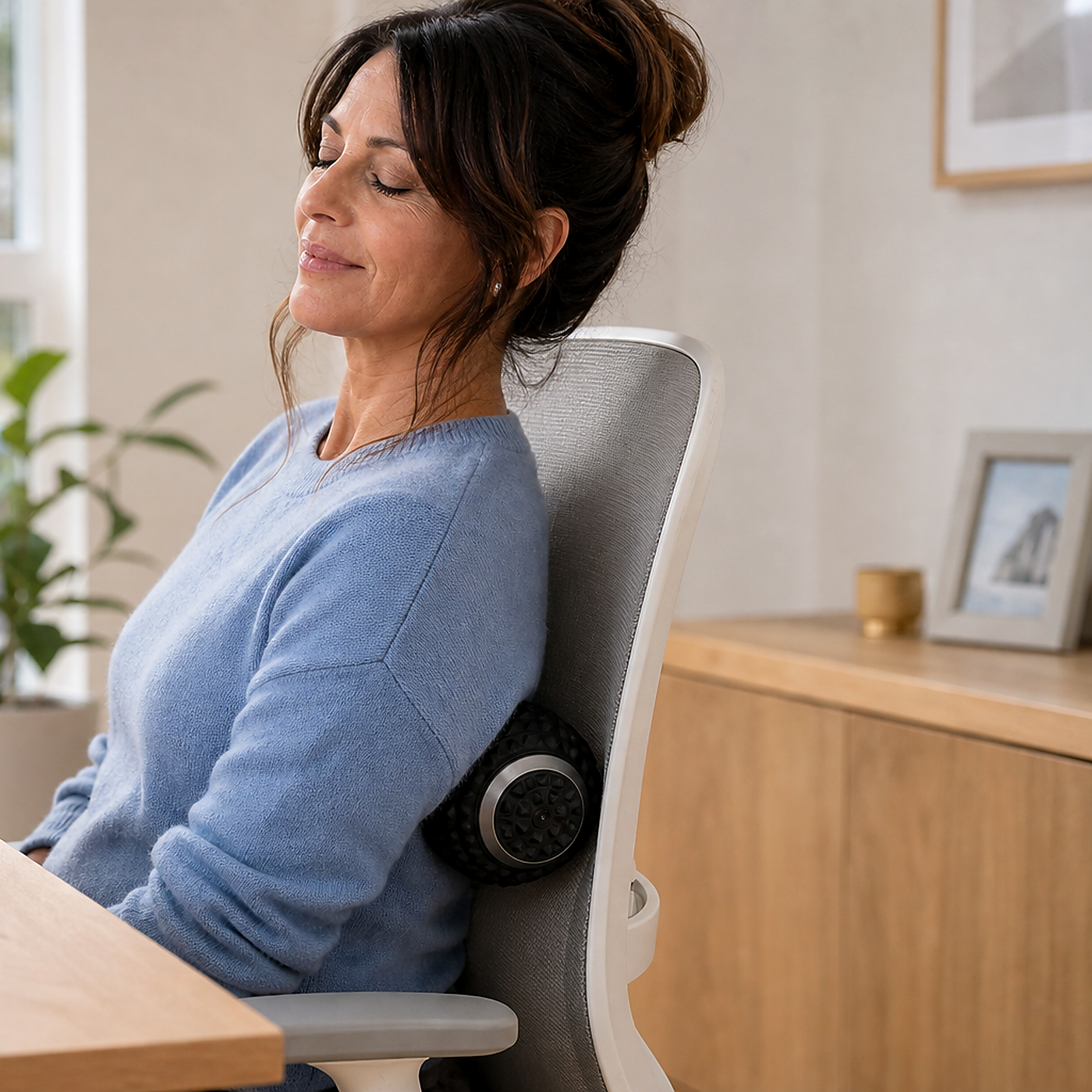 Shift Reset Roller™ square lifestyle image showing back and shoulder comfort at a desk chair