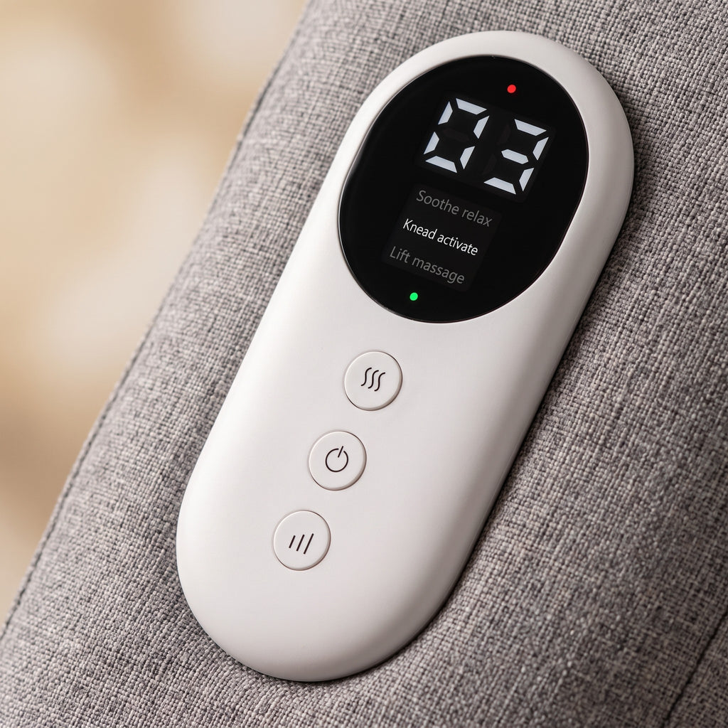 LegHush controller close-up showing massage modes Soothe Relax, Knead Activate and Lift Massage