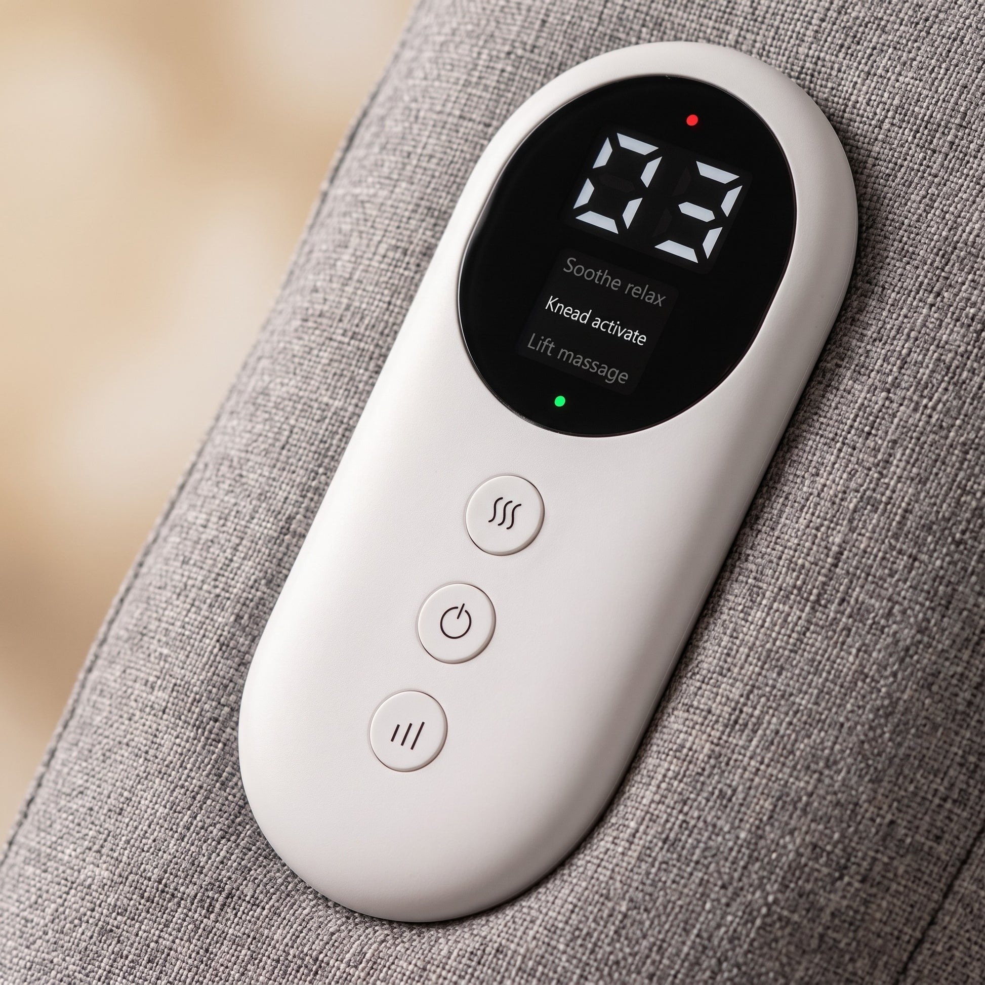 LegHush controller close-up showing massage modes Soothe Relax, Knead Activate and Lift Massage