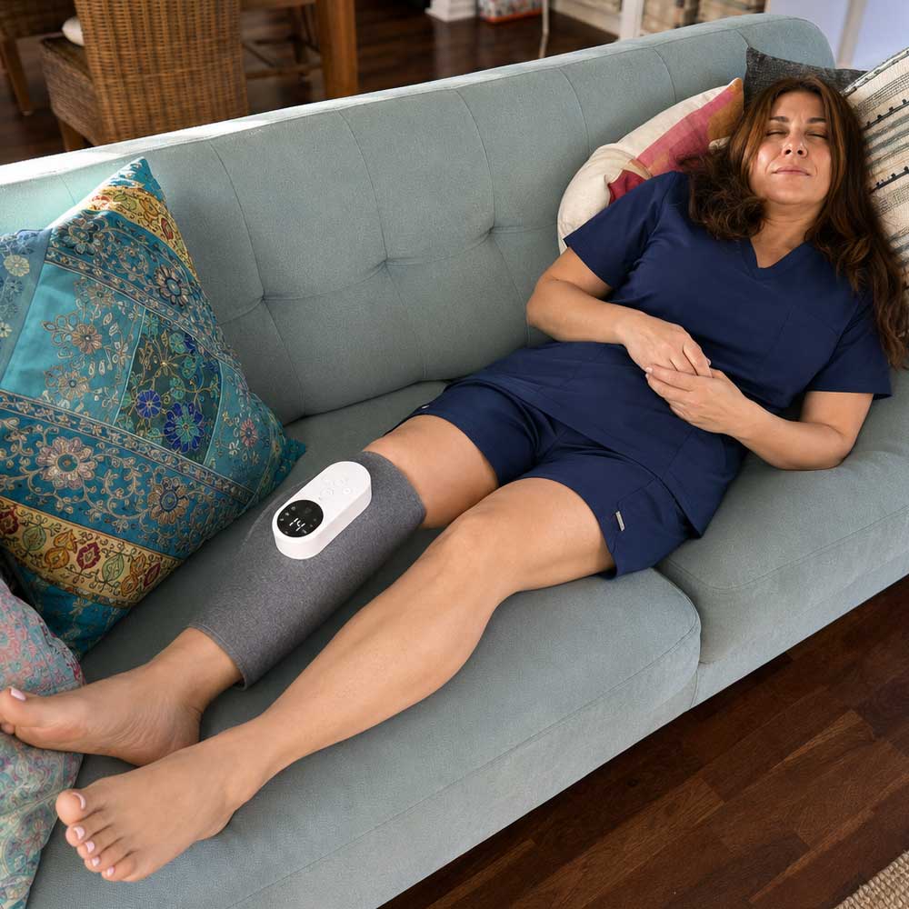 Relaxing with the LegHush wrap on the calf